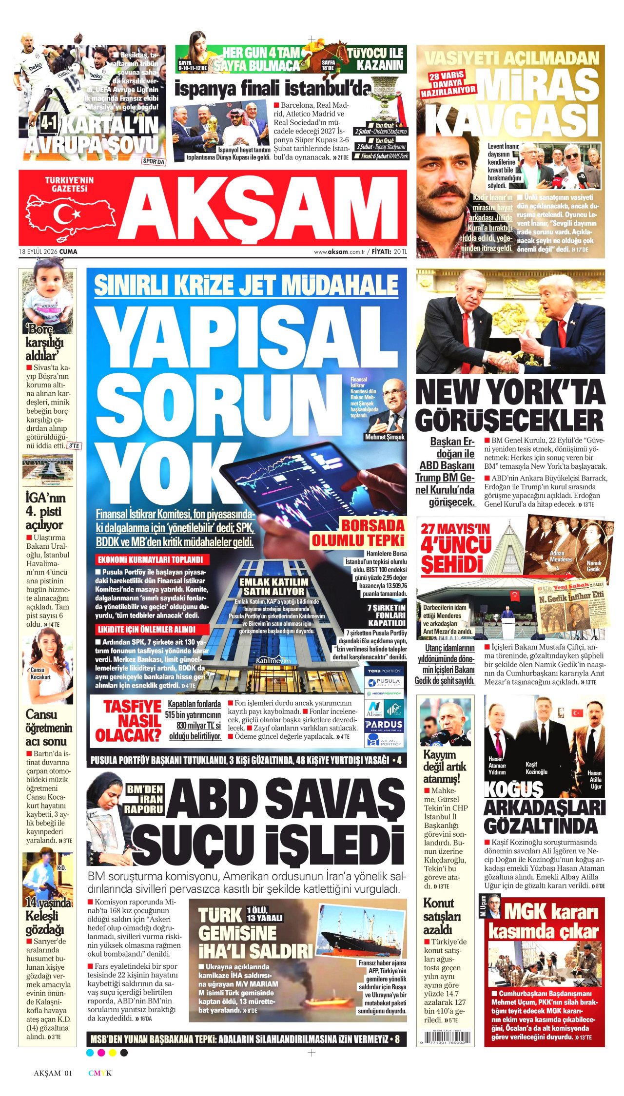 Akşam Gazetesi gazetesi manşeti