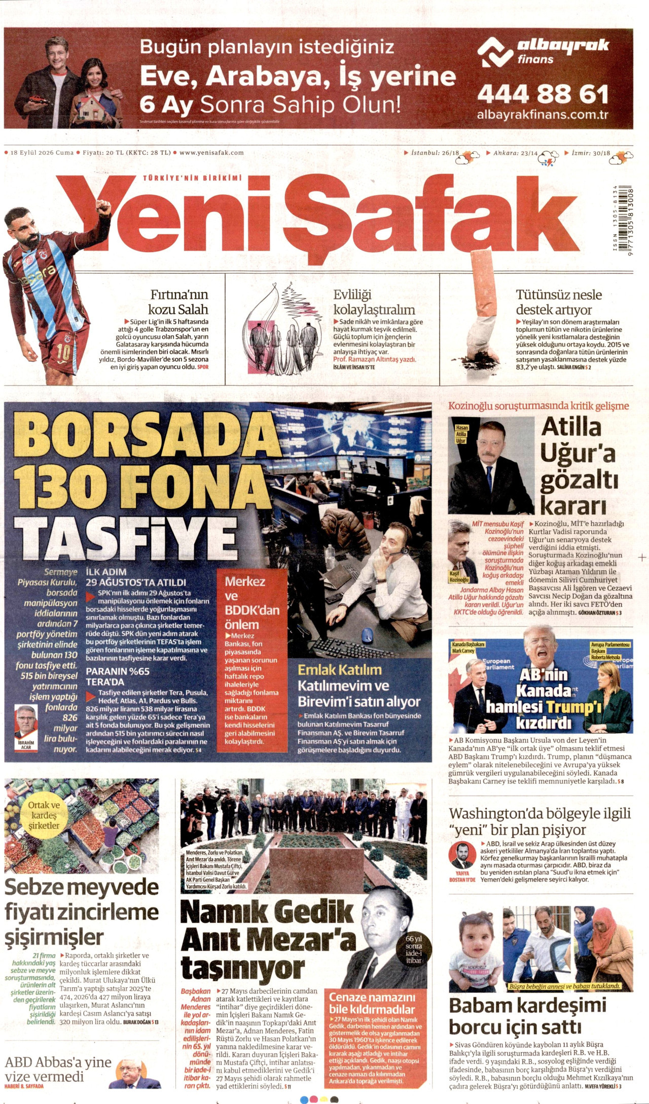 Yeni Şafak Gazetesi gazetesi manşeti