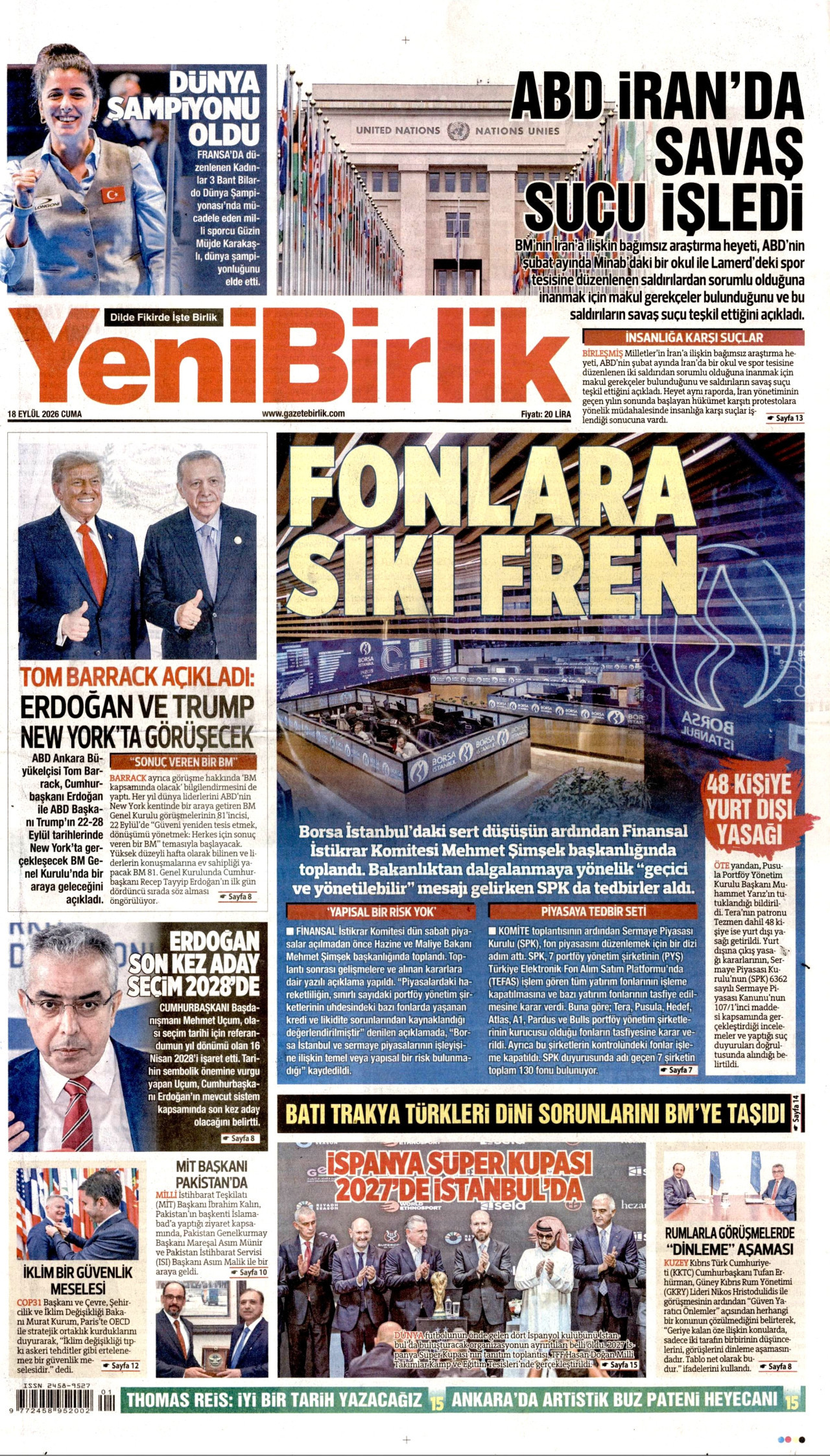YeniBirlik Gazetesi gazetesi manşeti